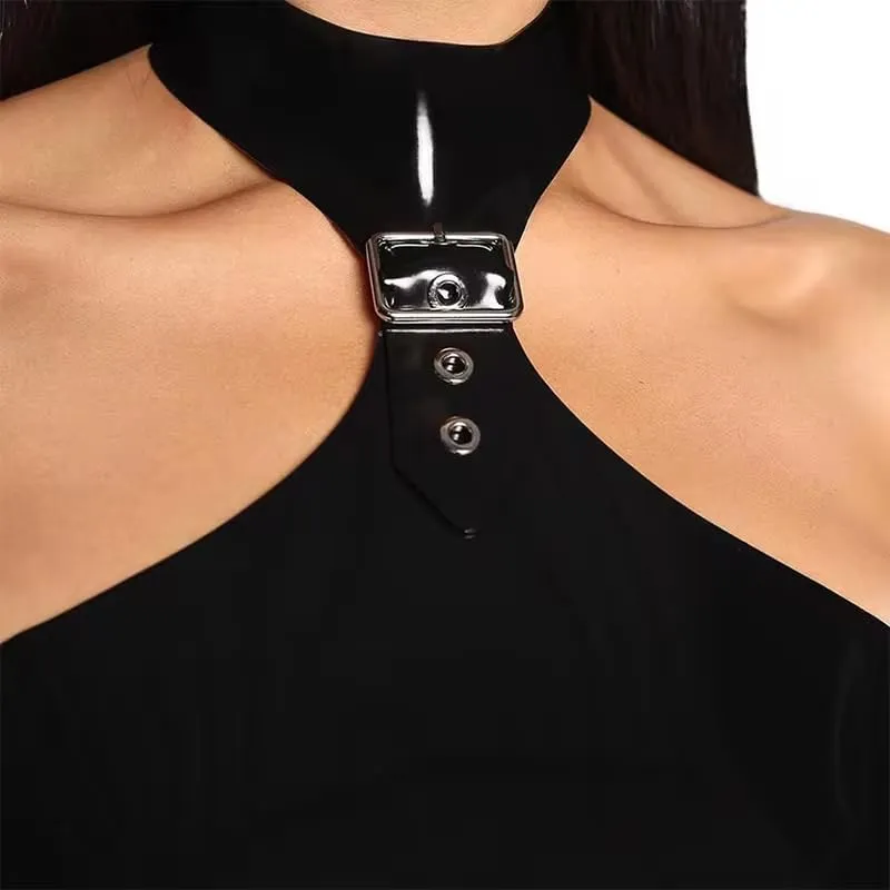 Women Sexy Short Sleeve Faux Leather Mini Sheath Dress for Fashion PU High Split Slim Wet Look Pencil Dress
