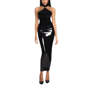 Women Sexy Short Sleeve Faux Leather Mini Sheath Dress for Fashion PU High Split Slim Wet Look Pencil Dress