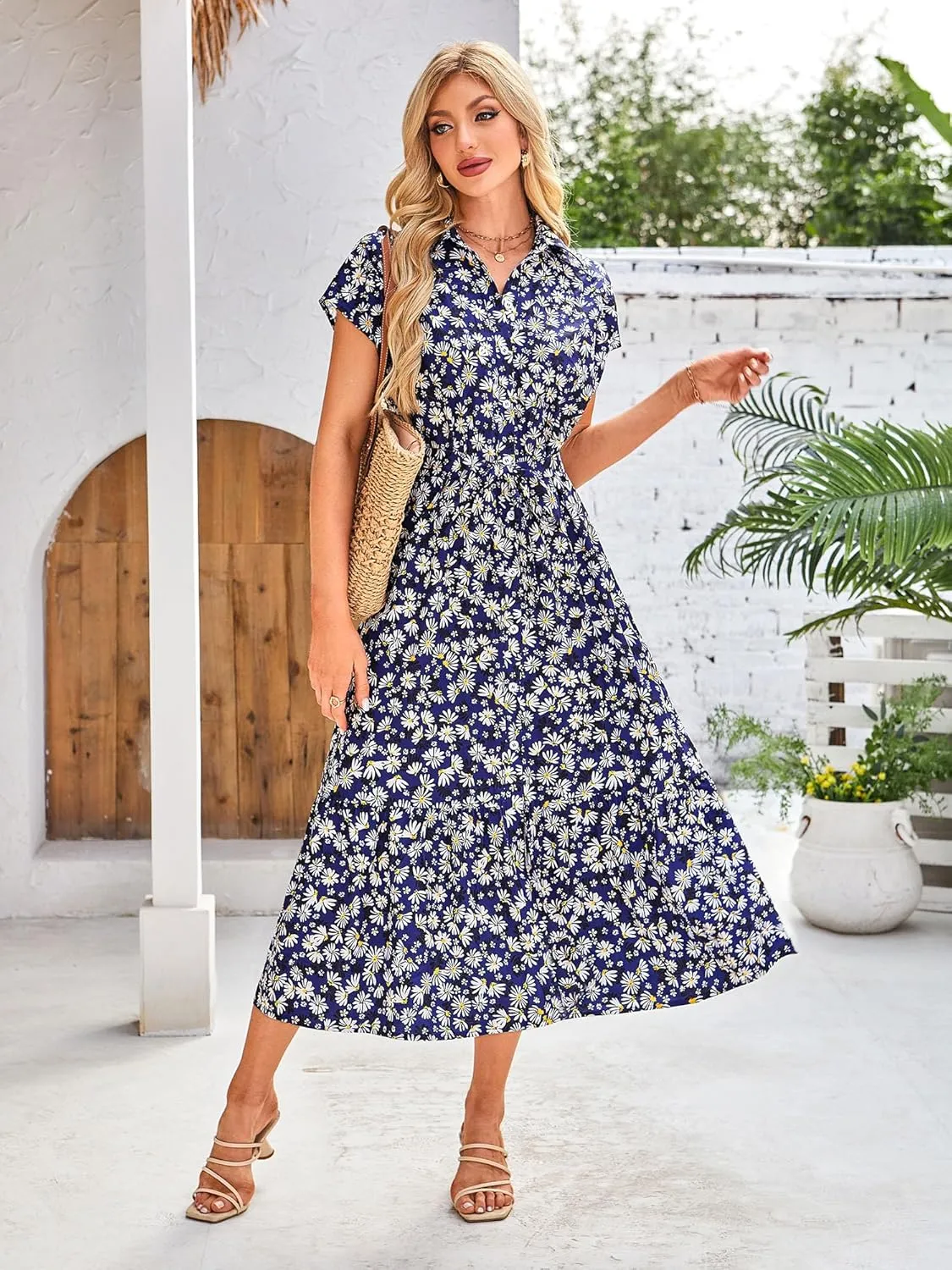 ZABERRY Button Down Collar Neck Wrap Dress with Belt Cap Sleeve Long Maxi Summer Wedding Guest Dresses for Women