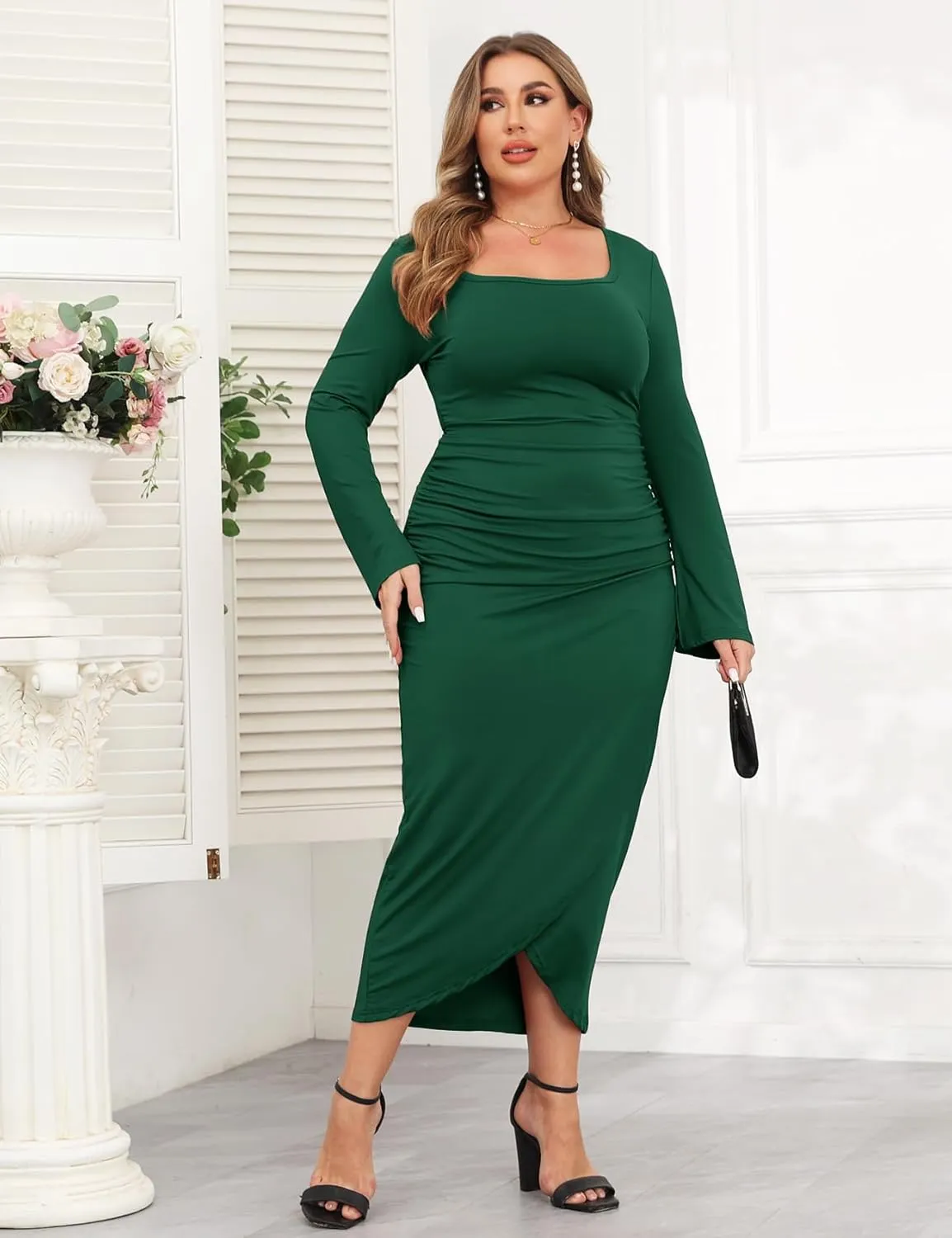 ZOMVA 2024 Plus Size Cocktail Dress Comfortable Bell Sleeves Wedding Guest Square Neck Semi Formal