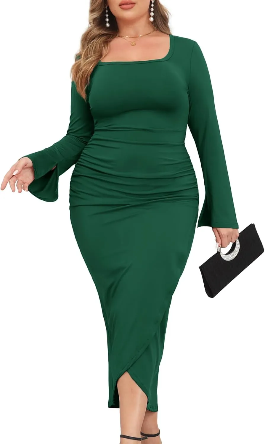 ZOMVA 2024 Plus Size Cocktail Dress Comfortable Bell Sleeves Wedding Guest Square Neck Semi Formal
