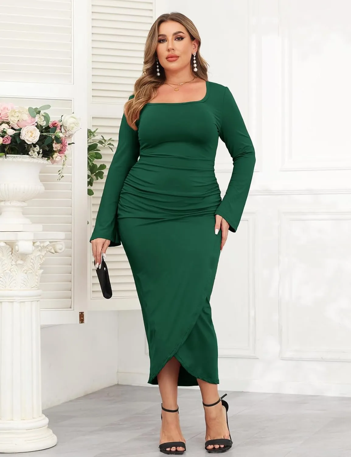 ZOMVA 2024 Plus Size Cocktail Dress Comfortable Bell Sleeves Wedding Guest Square Neck Semi Formal