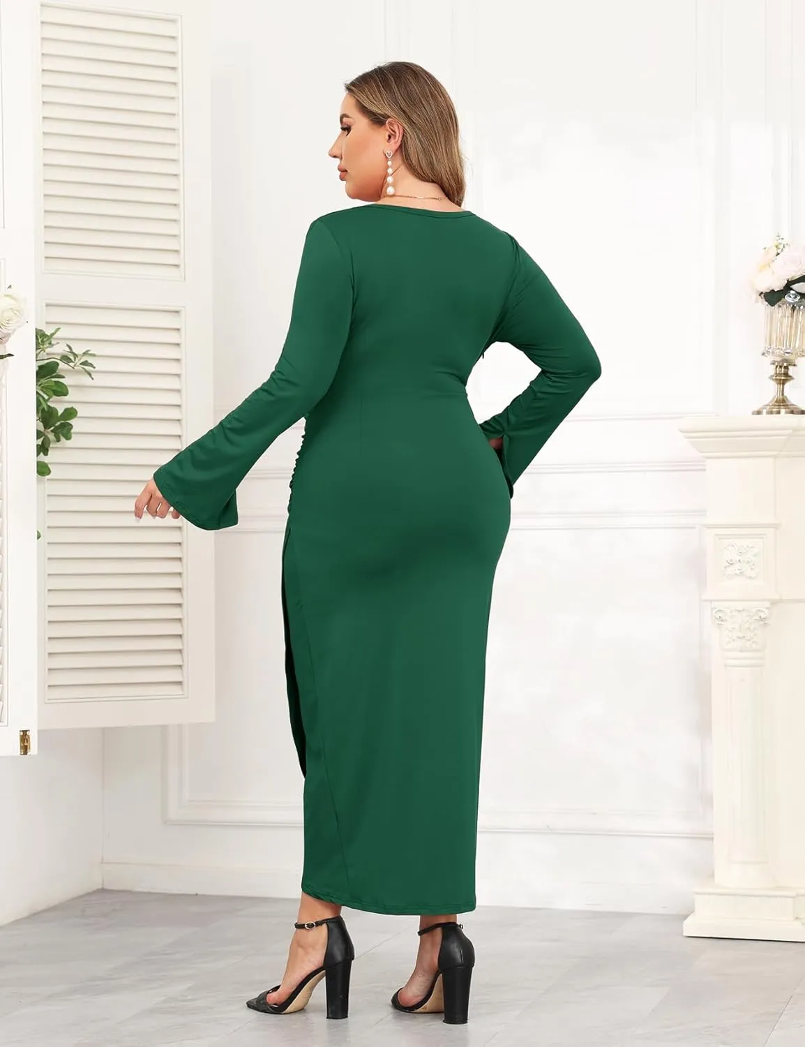 ZOMVA 2024 Plus Size Cocktail Dress Comfortable Bell Sleeves Wedding Guest Square Neck Semi Formal