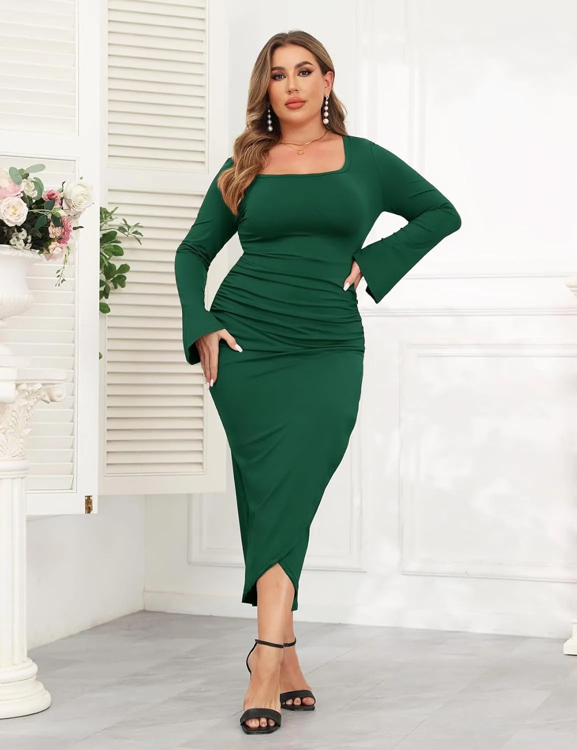 ZOMVA 2024 Plus Size Cocktail Dress Comfortable Bell Sleeves Wedding Guest Square Neck Semi Formal