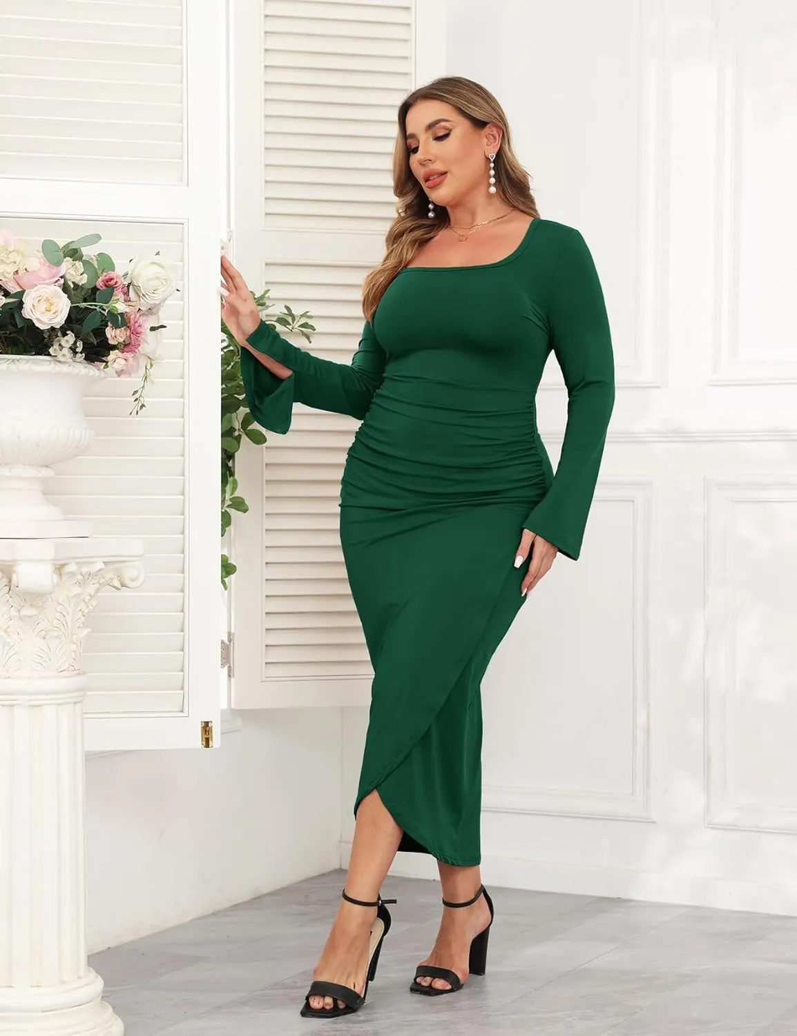 ZOMVA 2024 Plus Size Cocktail Dress Comfortable Bell Sleeves Wedding Guest Square Neck Semi Formal